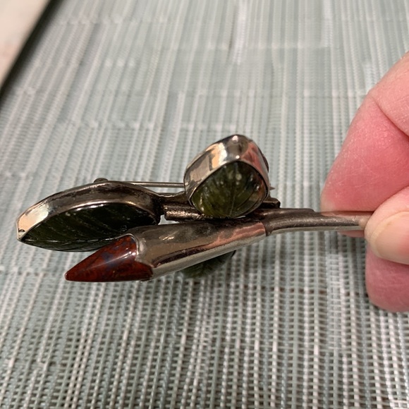 1970s handmade Mexican Natural brooch, rose bud stem with leaves